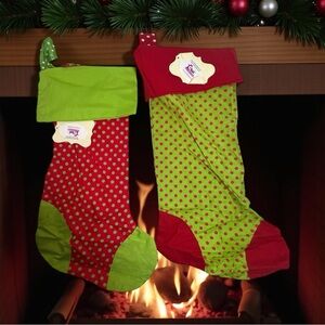 2 Christmas Stockings green and ted and polka dots  fabric hand crafted